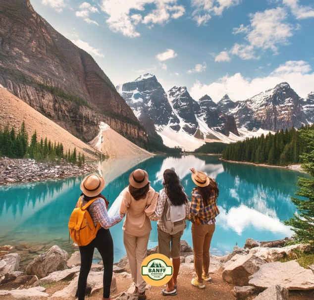 Group of friends admiring Moraine Lake and mountain peaks on Lake Louise tour from Calgary.