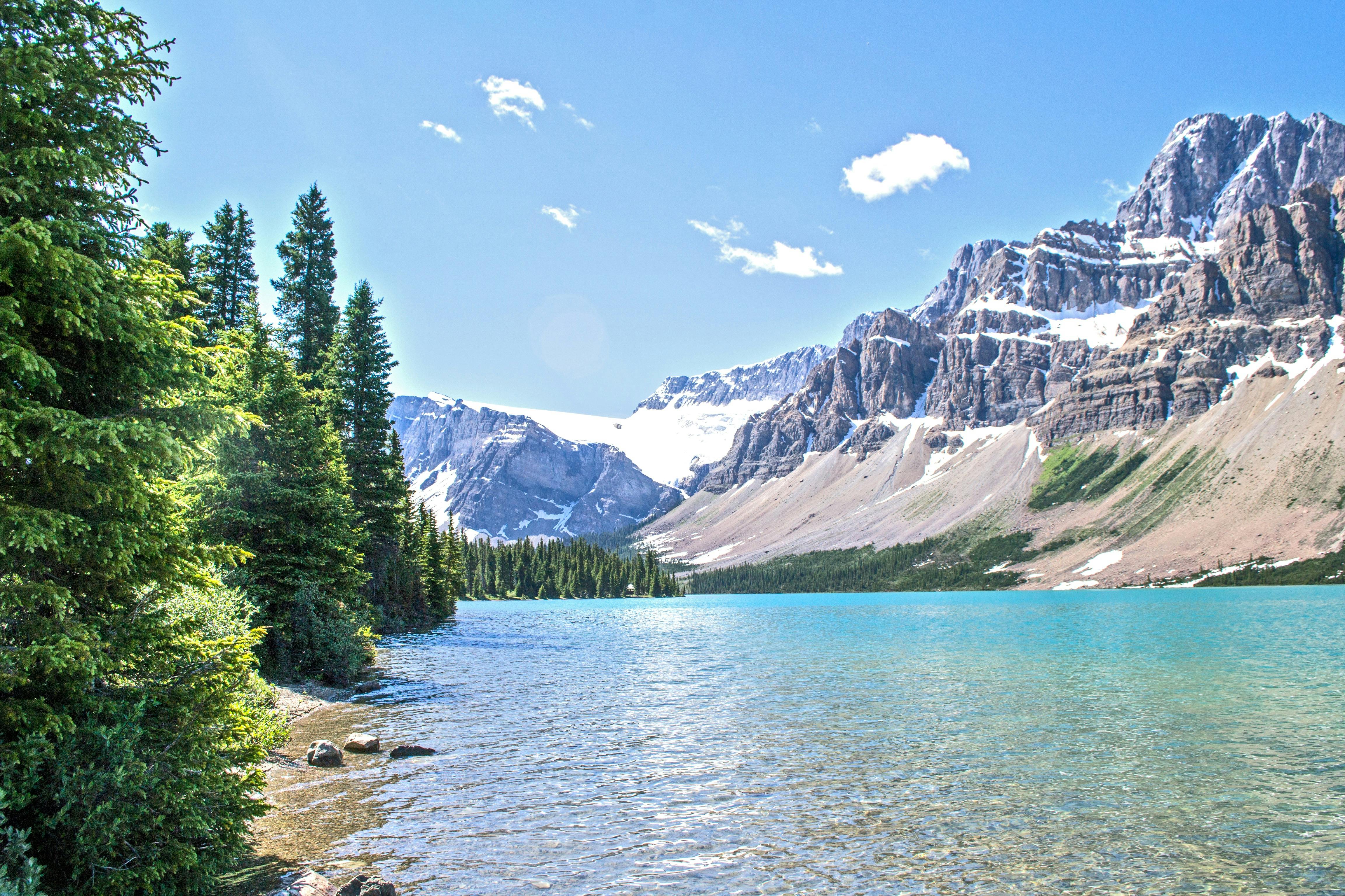 Clear turquoise Bow Lake with glacier backdrop captured during scenic Banff glacier tour.