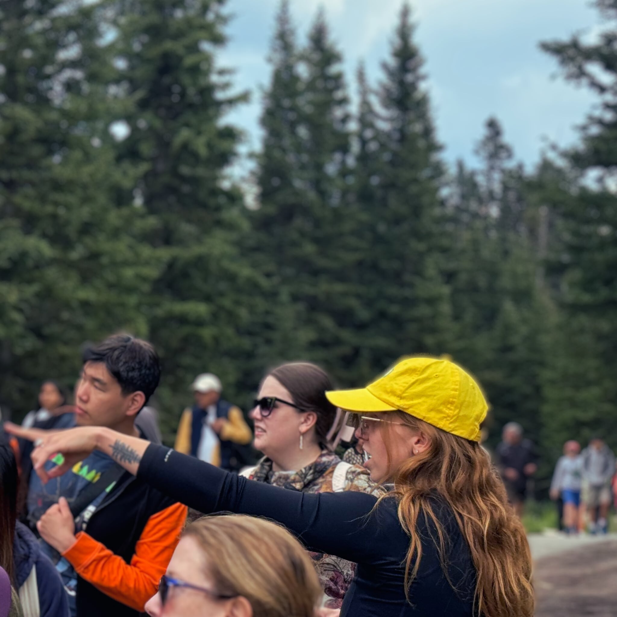 Tour guide leading visitors on a forest trail in Banff National Park.