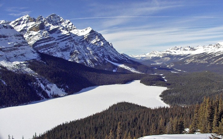 Snowy Peyto Lake Banff and Rocky Mountains viewed on winter trip with Calgary company